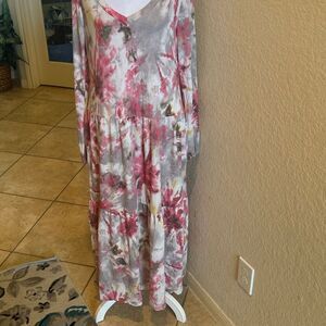 Sweet Lovely By Jen Size L Long Sleeve Babydoll Dress Gray Pink Tie Dye Comfy